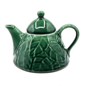 Vintage Pier-1 Imports Teapot Jade Leaves Green Stoneware Pier One Collection 7"